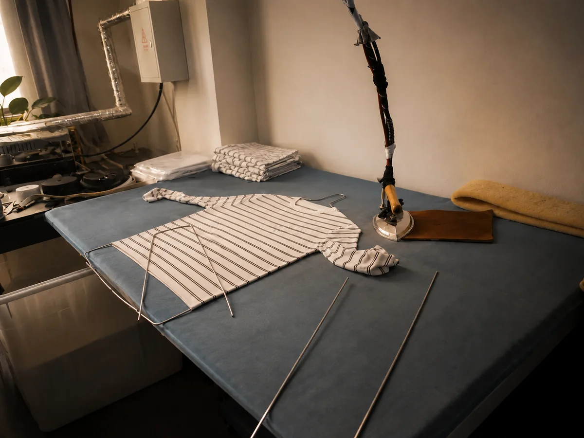 Professional knitwear development studio. Sweater prototype, tech pack drawings, measurement tools.