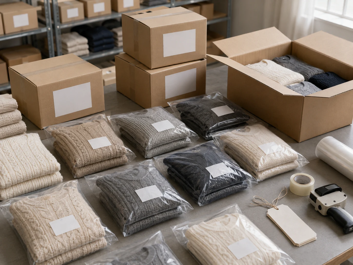 Complete knitwear set being folded and packed together