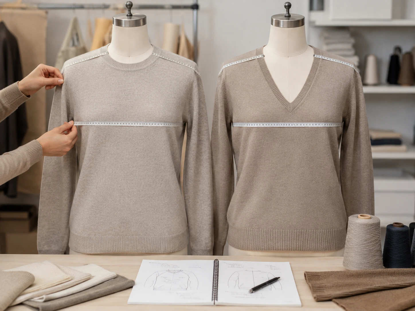 Neckline measurement comparison for crewneck and v-neck jumpers