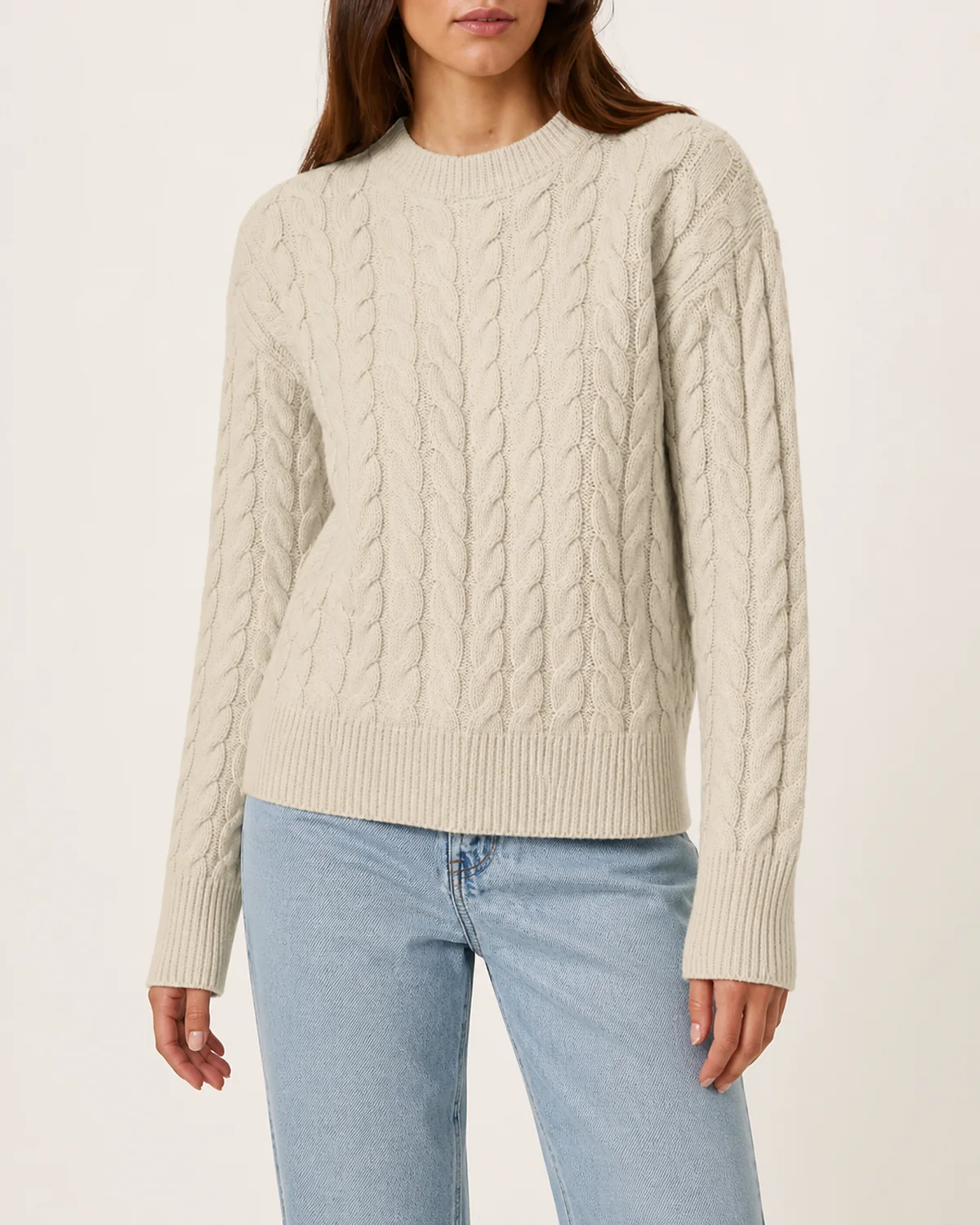 Cable knit crewneck sweater stitch structure detail