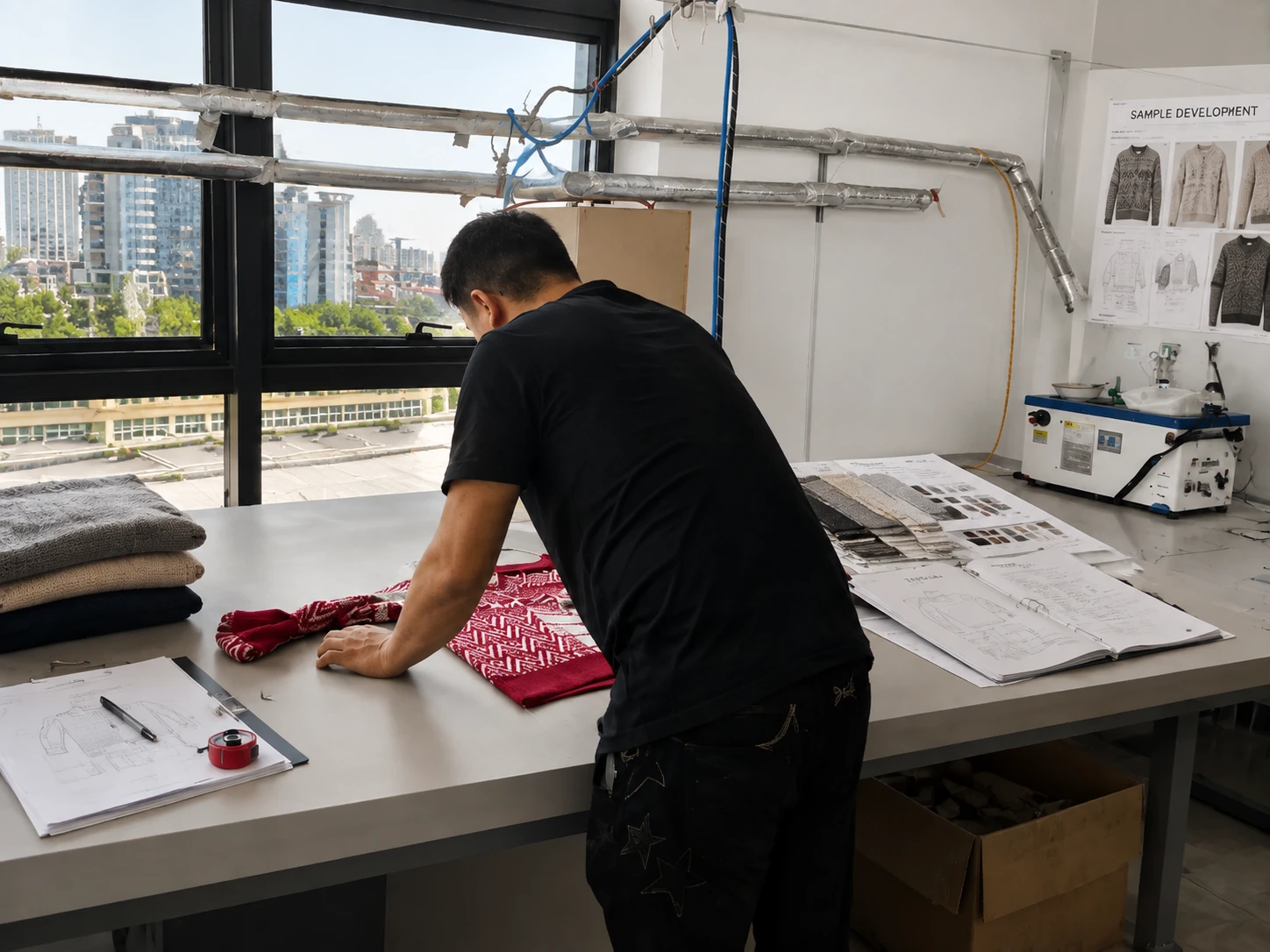 Garment factory quality inspection scene. Technician measuring sweater, checking dimensions.