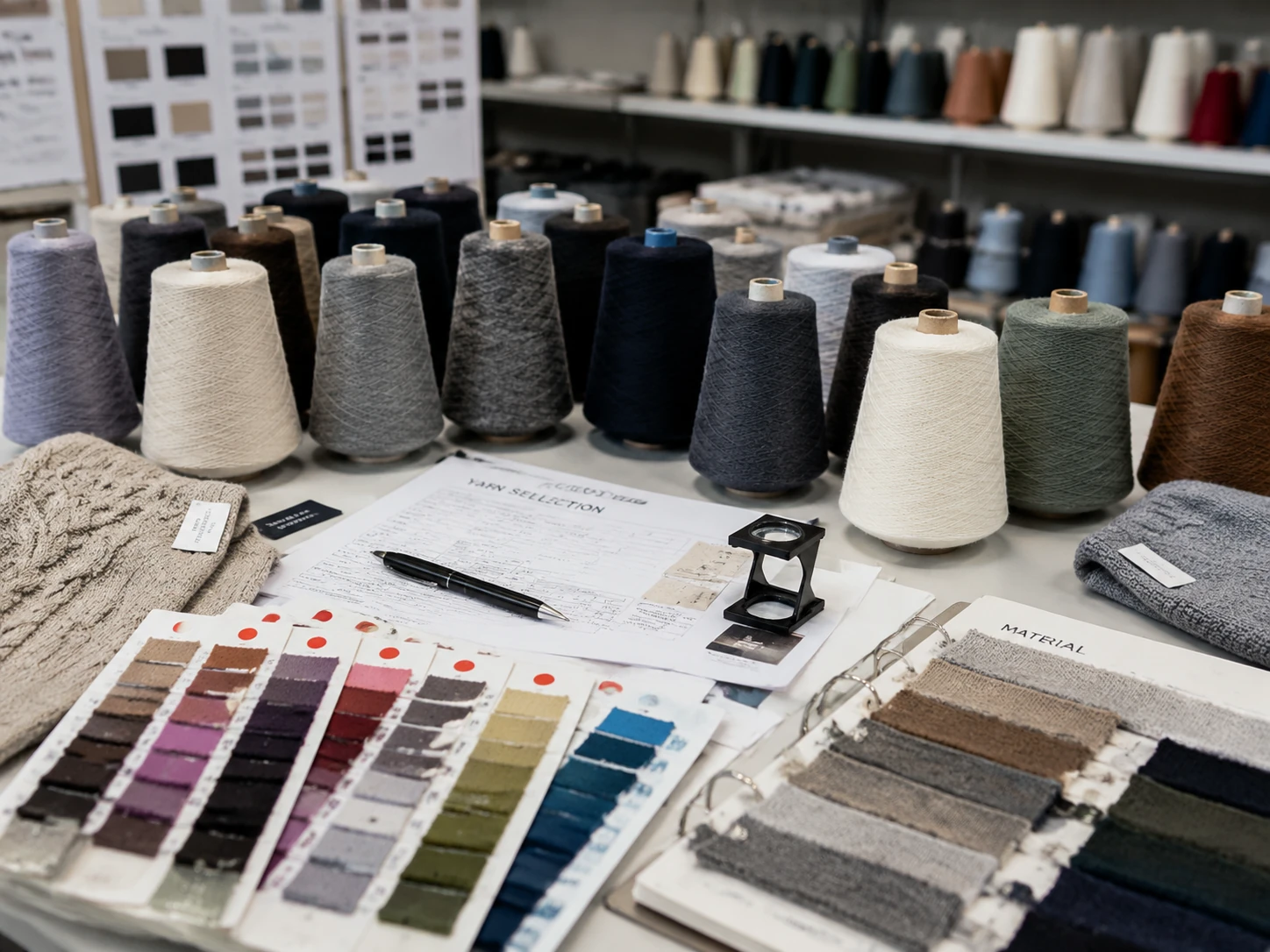 Professional textile factory close-up. Yarn cones, color cards, yarn samples on inspection table.
