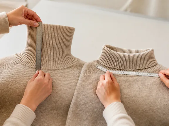 Technician folding and measuring turtleneck collar height