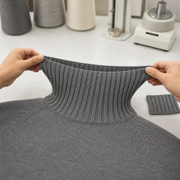 Rib stretch and recovery detail on a sweater collar