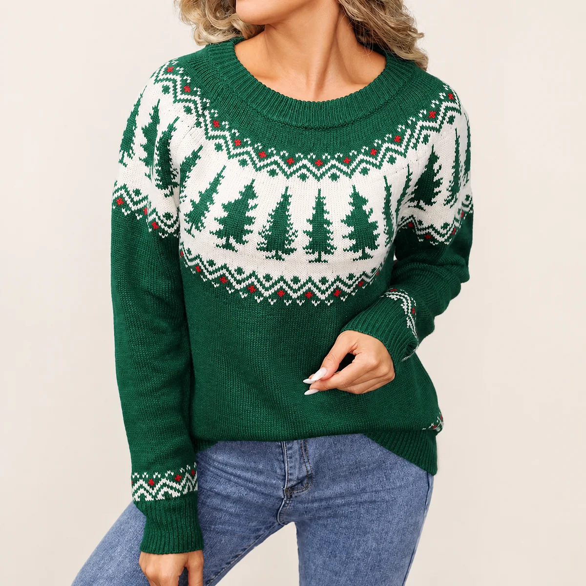 Jacquard Christmas sweater with multi-color knitted festive pattern