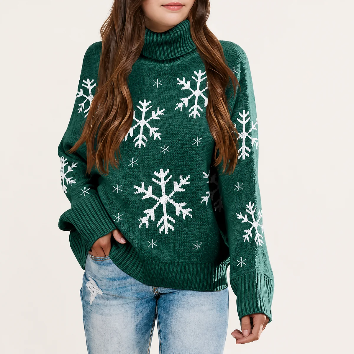 Christmas turtleneck sweater with custom knitted holiday pattern