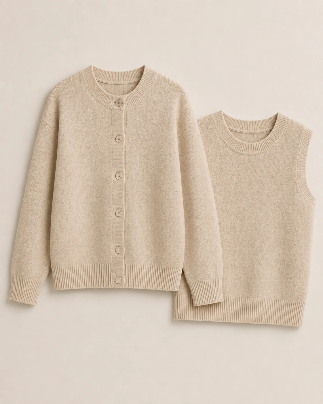 Cardigan and matching knit top set for custom brand production