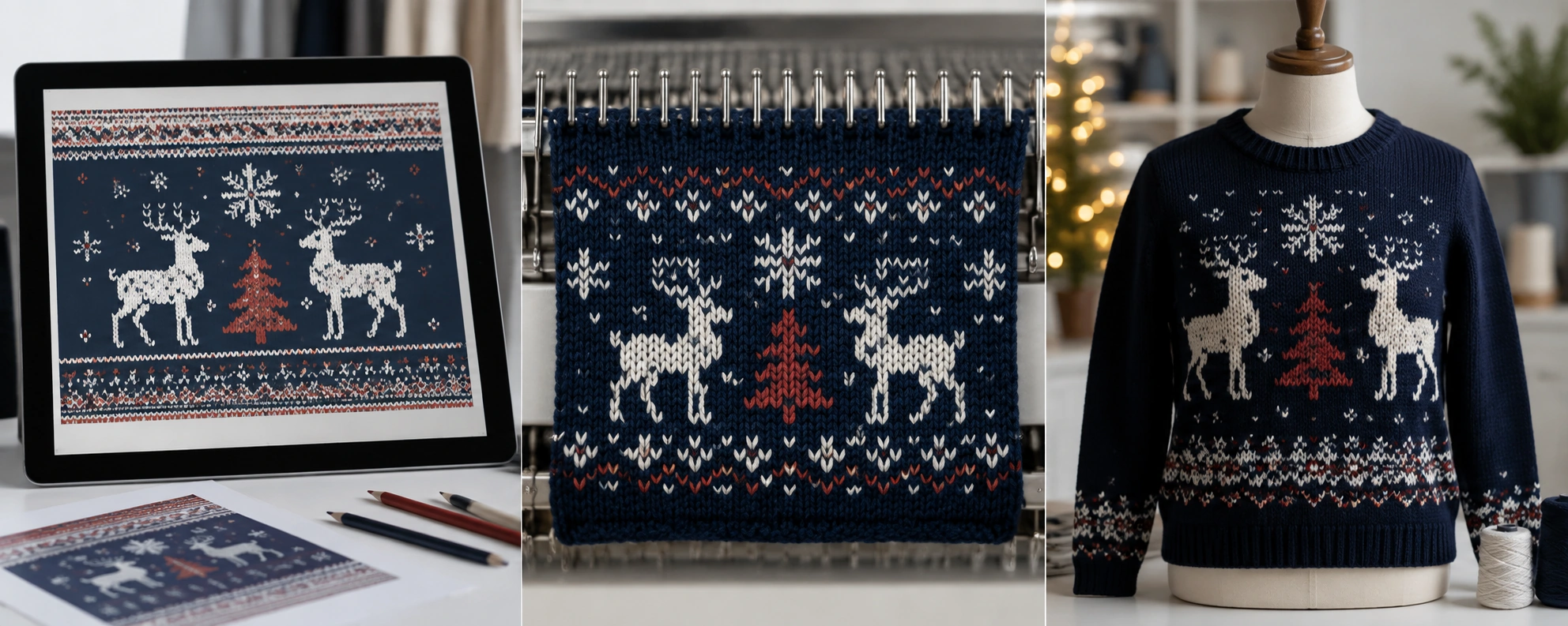 Digital Christmas artwork compared with physical knitted sweater sample