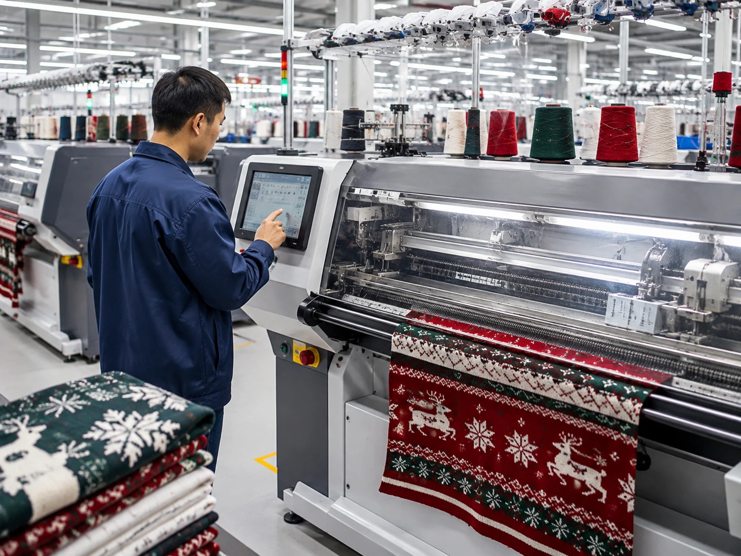 Factory product-development visual showing Christmas sweater artwork yarn and equipment