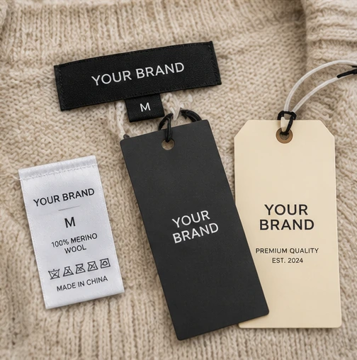 Private label Christmas sweater with labels hangtags and packaging