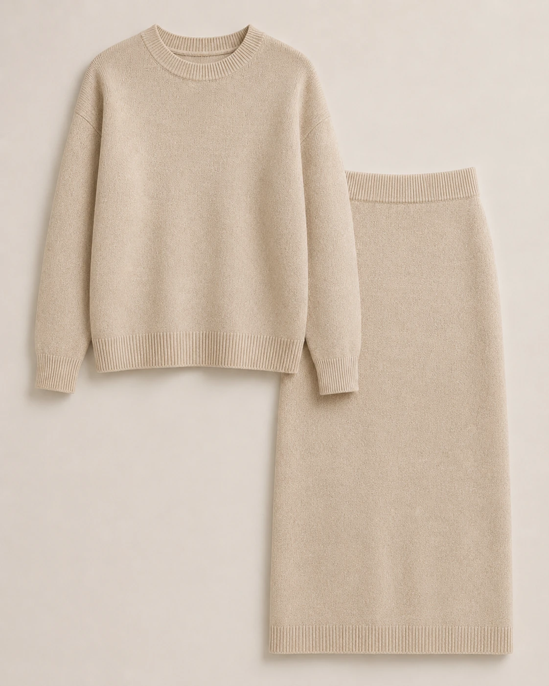 Sweater and knit skirt set sample for private label knitwear development