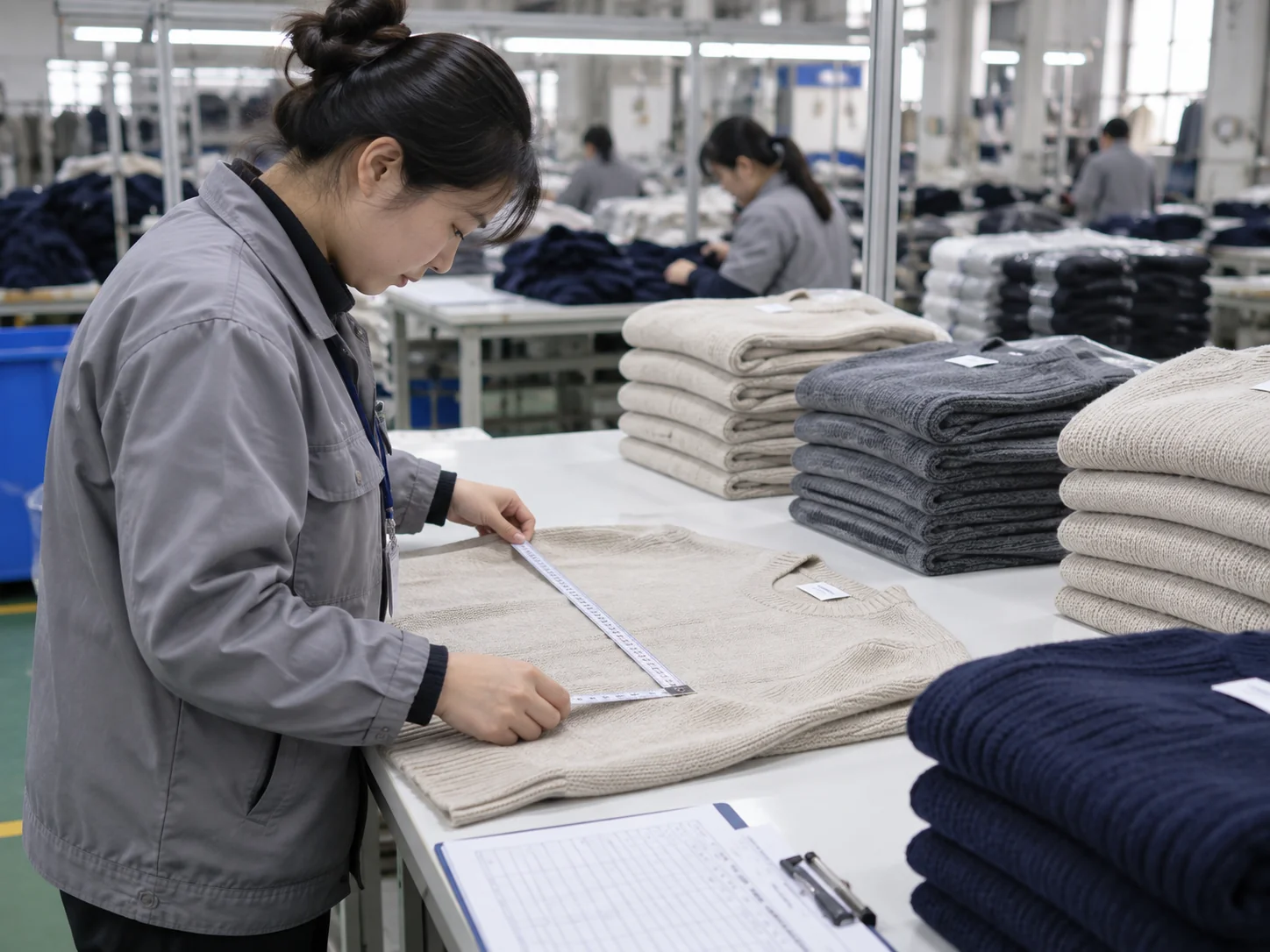Chinese technician developing sweater samples with yarn and pattern sheets