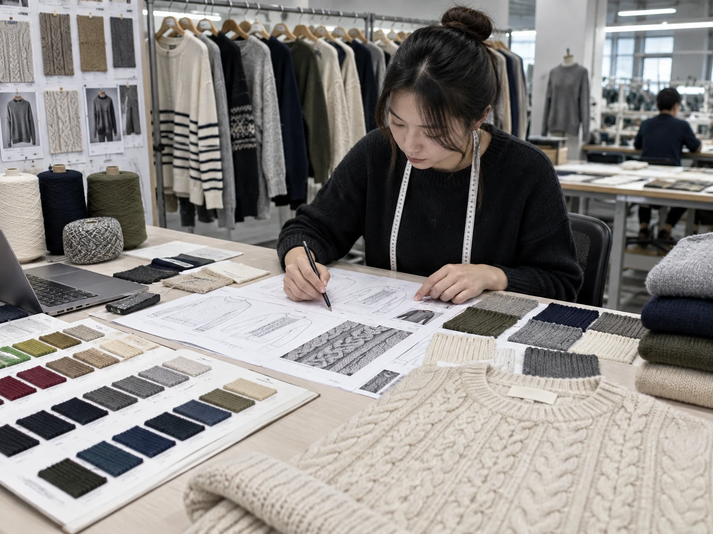 designer reviewing sweater design