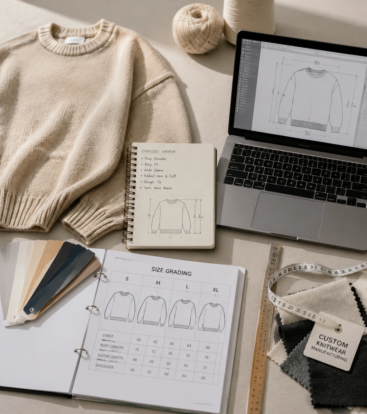 Buyer evaluating oversized sweater samples with manufacturer