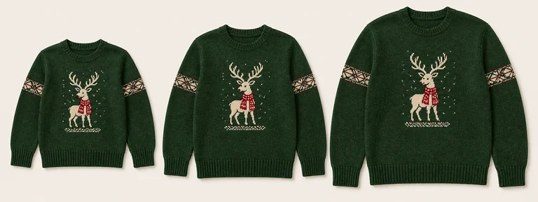 Christmas sweater motif placement review across different garment sizes S M L XL