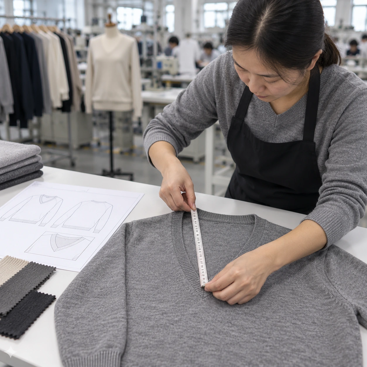 Custom V Neck Sweater Manufacturer measuring neckline depth during sweater sample development
