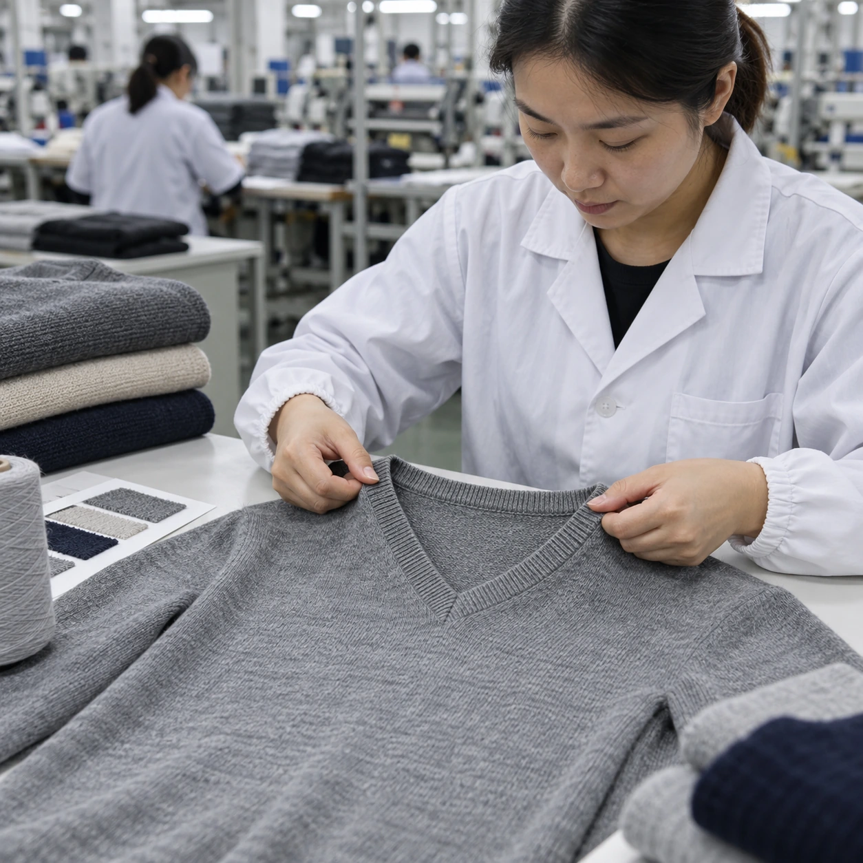 V Neck Sweater Manufacturer checking neckline shape control during custom knitwear production