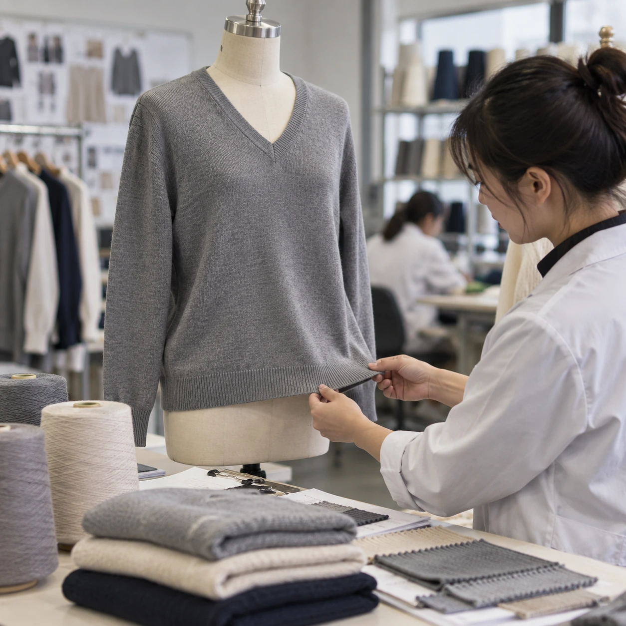 V Neck Sweater Factory evaluating yarn selection and garment drape for private label brands