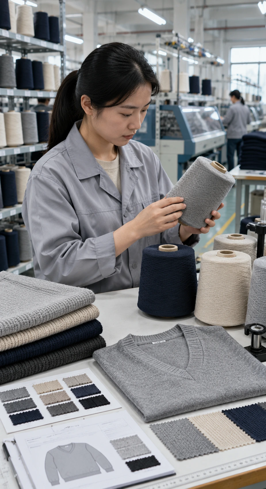 V Neck Sweater Manufacturer inspecting yarn materials before custom knitwear production