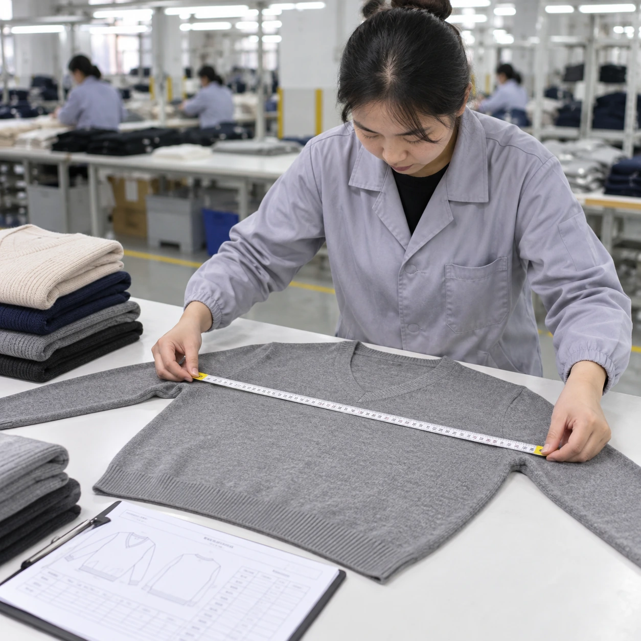 V Neck Sweater Manufacturer performing size measurement control during bulk knitwear production