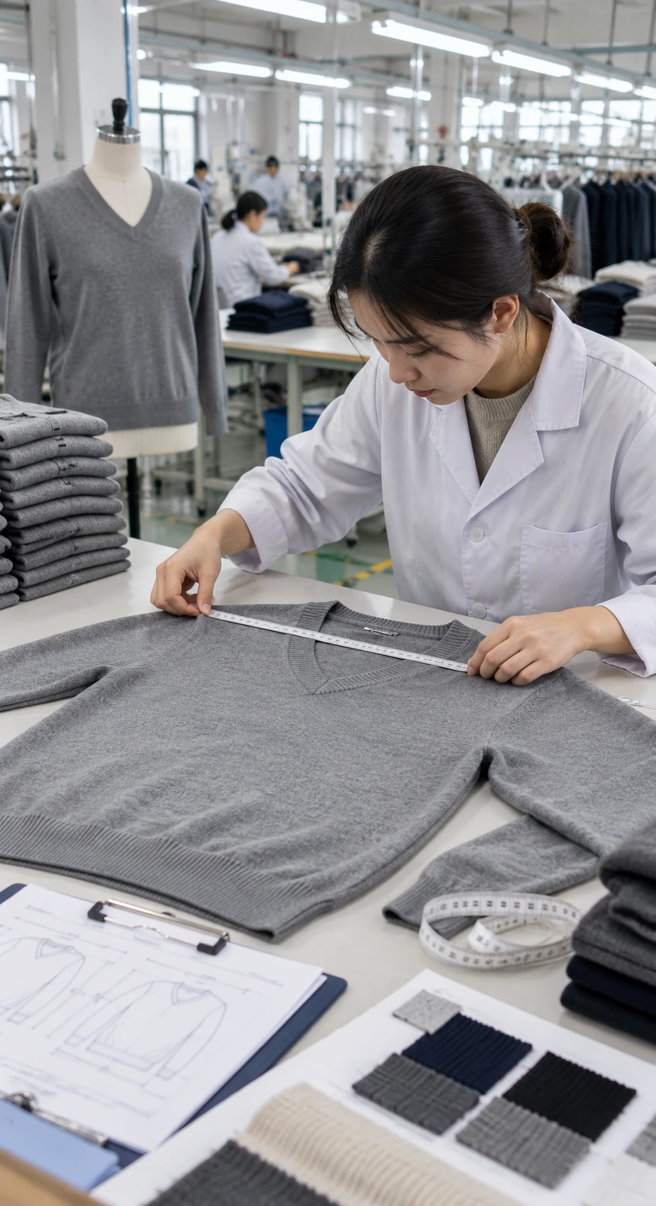 Custom V Neck Sweater Manufacturer performing quality inspection during bulk production