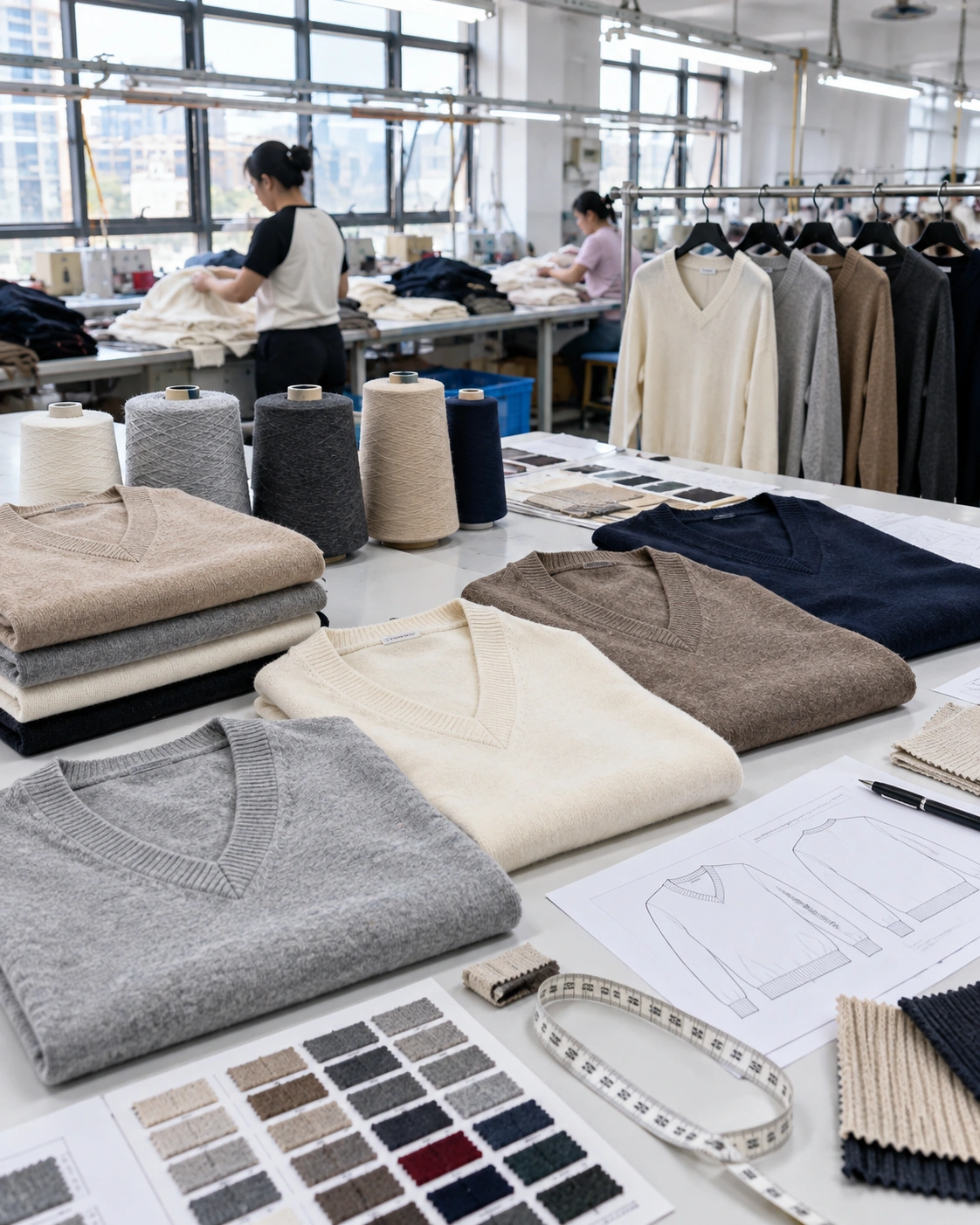 V neck sweater development table in factory